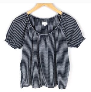 Madewell NWT Blue White Striped Smocked Neck Puff Sleeve Casual Coastal Top Med.